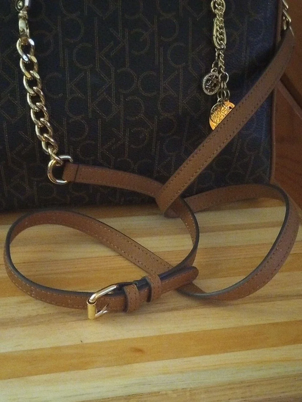 Calvin Klein Brown Monogram Satchel with Tan Trim and Gold Chain